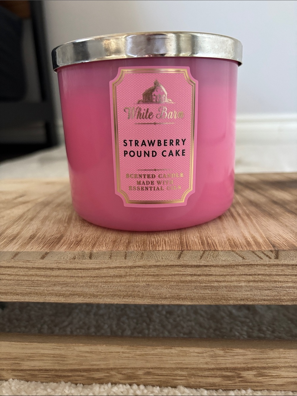 Bath & Body Works Pink Strawberry Pound Cake Candle with Gold Trim